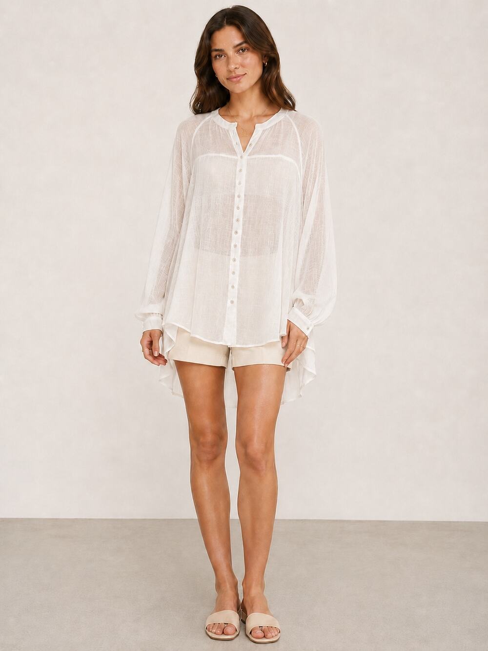 Free People Ivory Button Up High Low Tunic Embroidered Cutout Back M